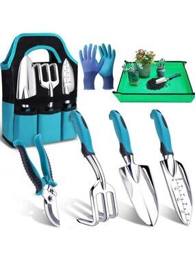 Garden Tool Set 7 Piece Heavy Duty Aluminum Trowel Pruner Gloves Bag Mat